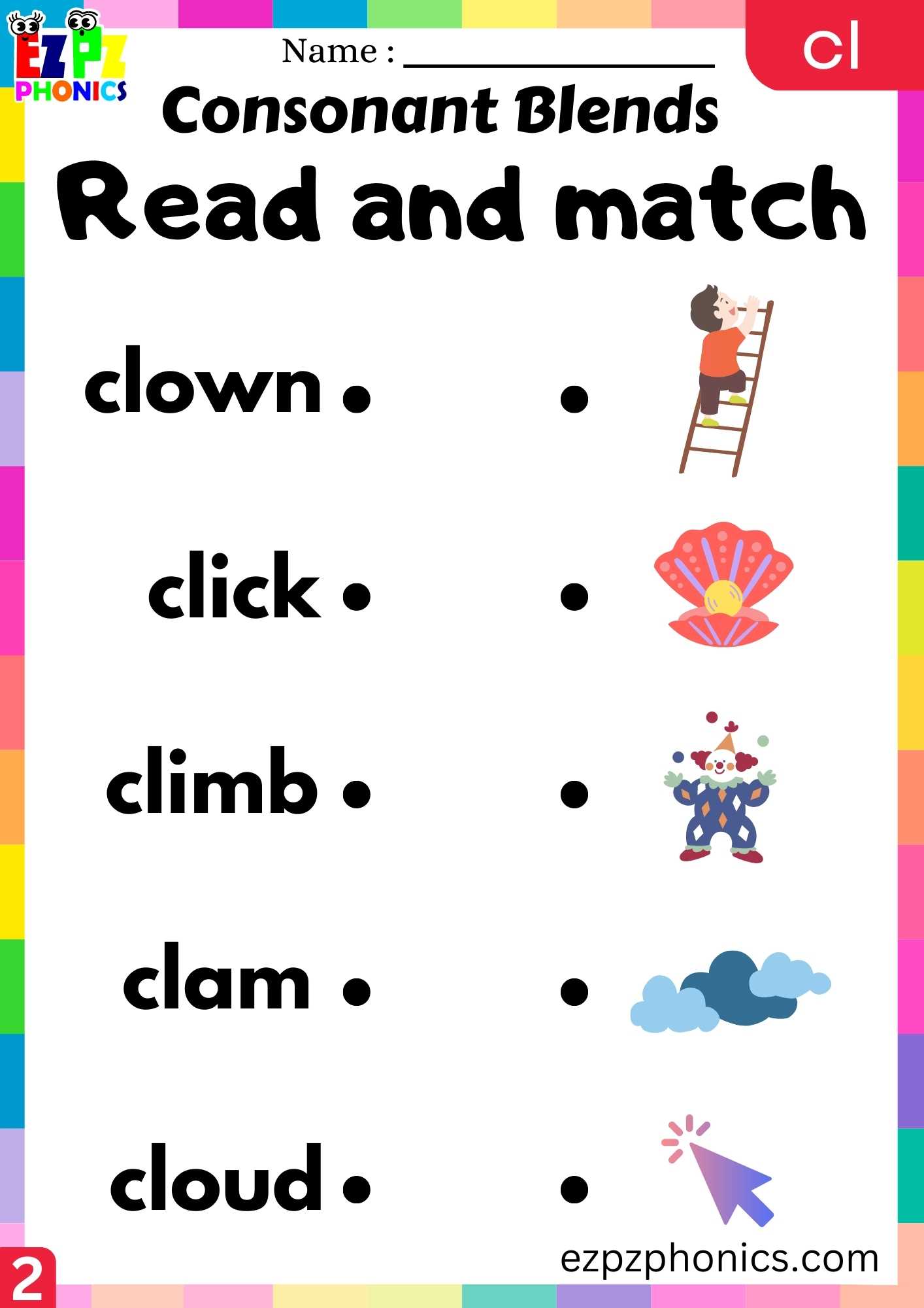 Group2 Cl Words Read And Match Phonics Consonant Blends Worksheet